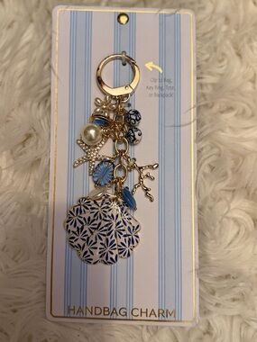 Handbag Charm Keychain with Blue Floral Shell and Gold Accents